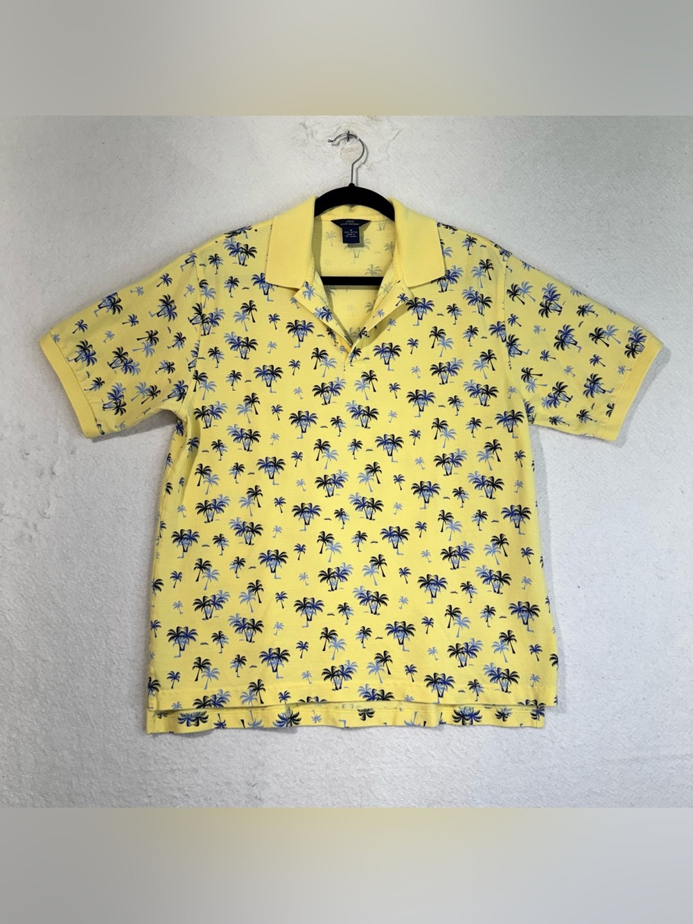 346 Brooks Brothers Yellow Polo Blue Palm Tree Print Shirt Mens Medium Golf Prep
